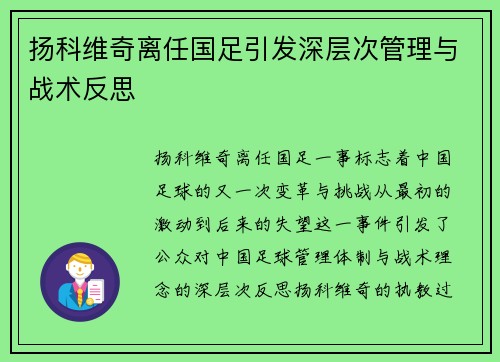 扬科维奇离任国足引发深层次管理与战术反思 扬科维奇离任国足引发深层次管理与战术反思